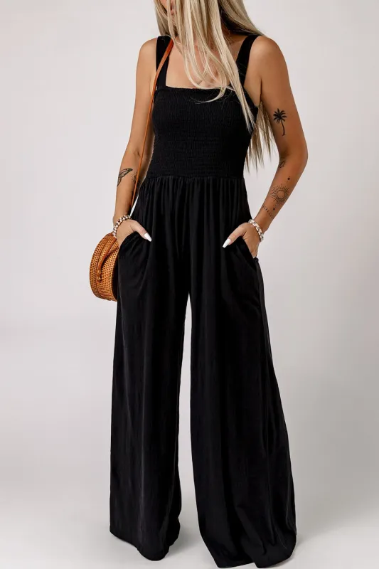 Smocked Square Neck Wide Leg Jumpsuit with Pockets sold by Gigi Laurent
