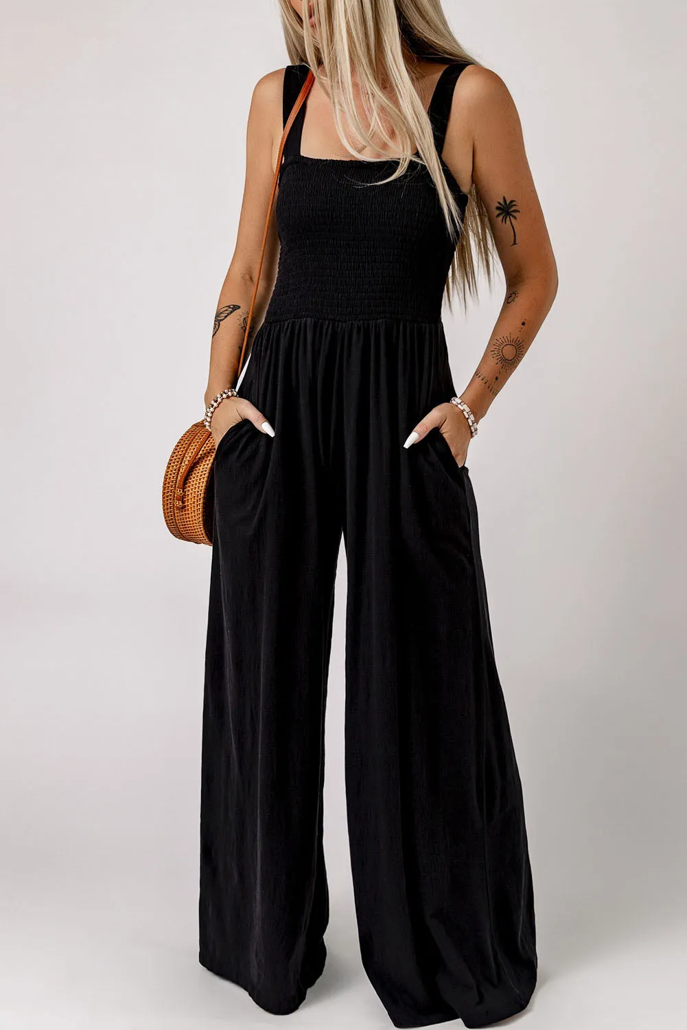 Smocked Square Neck Wide Leg Jumpsuit with Pockets sold by Gigi Laurent
