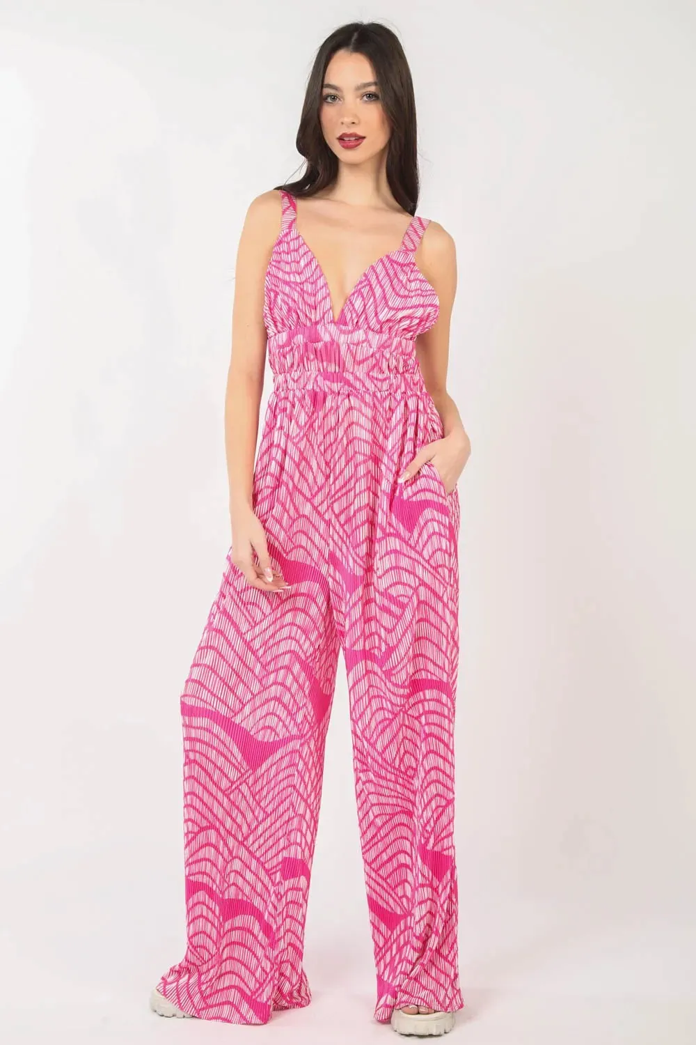 VERY J Printed Pleated Sleeveless Wide Leg Jumpsuit sold by Gigi Laurent