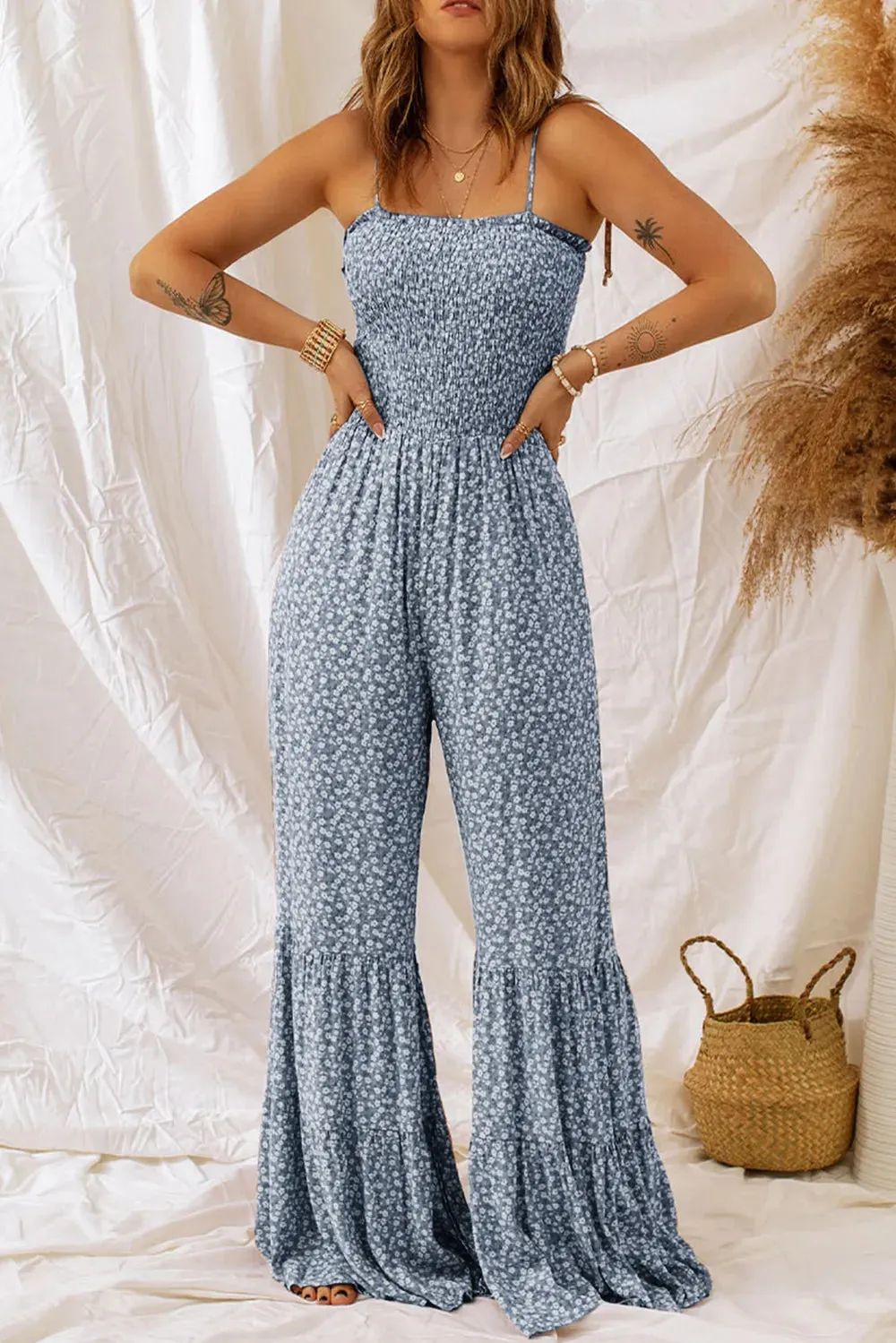 Smocked Printed Wide Strap Jumpsuit sold by Gigi Laurent