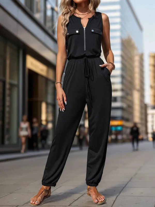 Perfee Half Zip Sleeveless Jumpsuit with Pockets sold by Gigi Laurent
