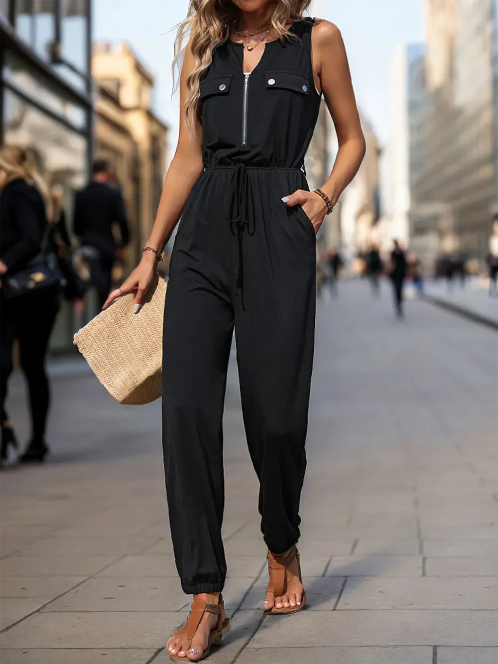 Perfee Half Zip Sleeveless Jumpsuit with Pockets sold by Gigi Laurent product image thumbnail 4