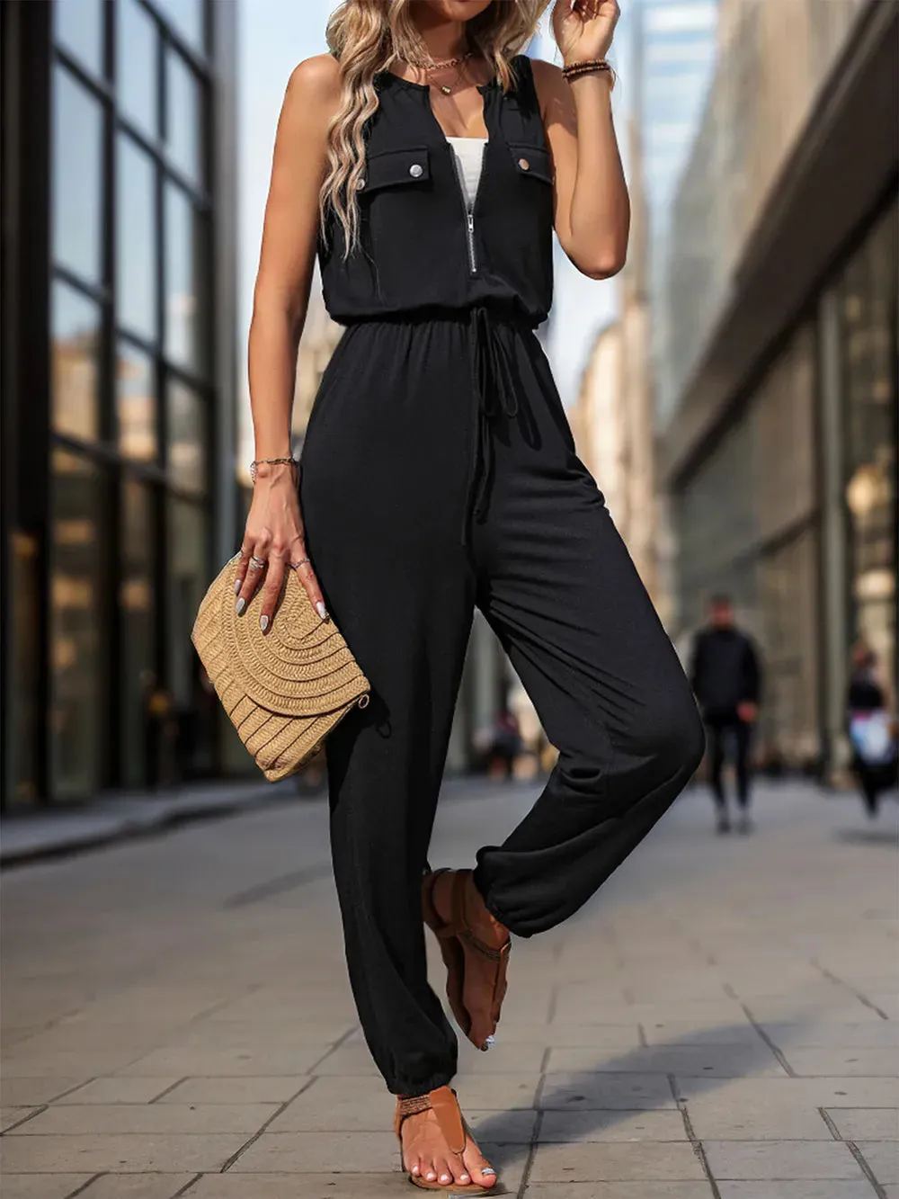 Perfee Half Zip Sleeveless Jumpsuit with Pockets sold by Gigi Laurent product image thumbnail 5