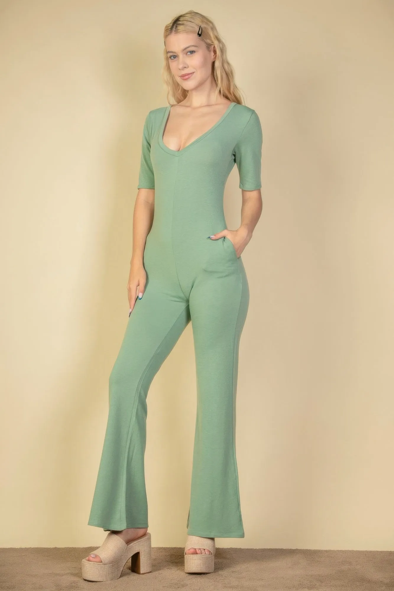 French Terry Short Sleeve Flare Jumpsuit sold by Gigi Laurent