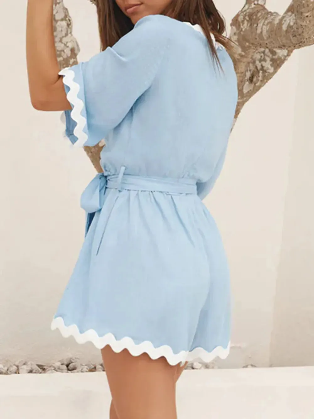 Perfee Contrast Trim Surplice Tie Waist Romper sold by Gigi Laurent product image thumbnail 4