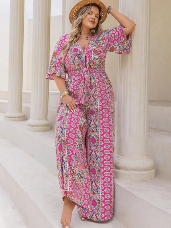 Plus Size Printed Half Sleeve Wide Leg Jumpsuit sold by Gigi Laurent