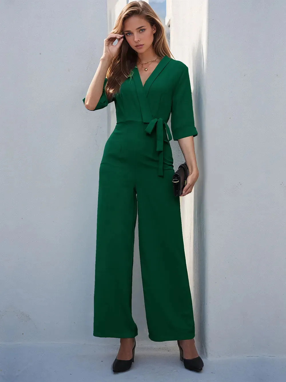 Perfee Surplice Half Sleeve Wide Leg Jumpsuit sold by Gigi Laurent