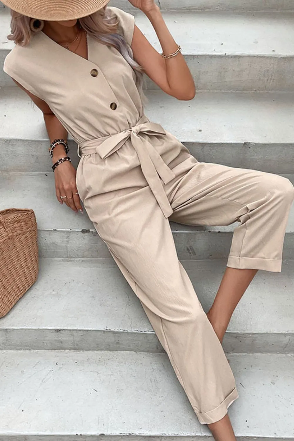 Perfee Capped Sleeve Belted V-Neck Jumpsuit sold by Gigi Laurent product image thumbnail 4