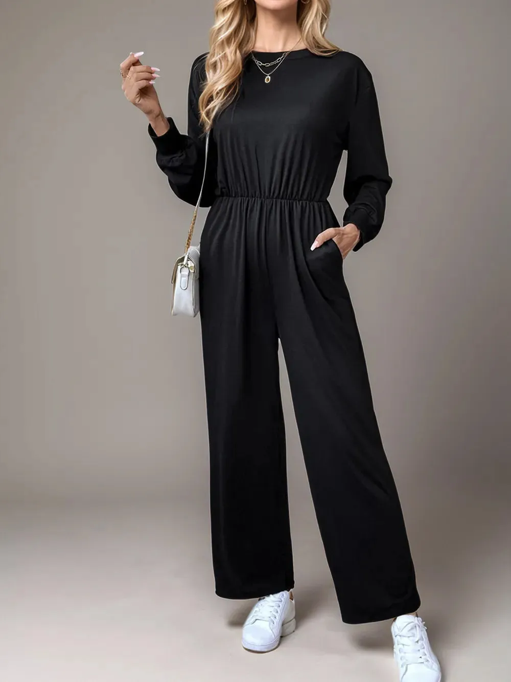Tied Round Neck Wide Leg Jumpsuit sold by Gigi Laurent