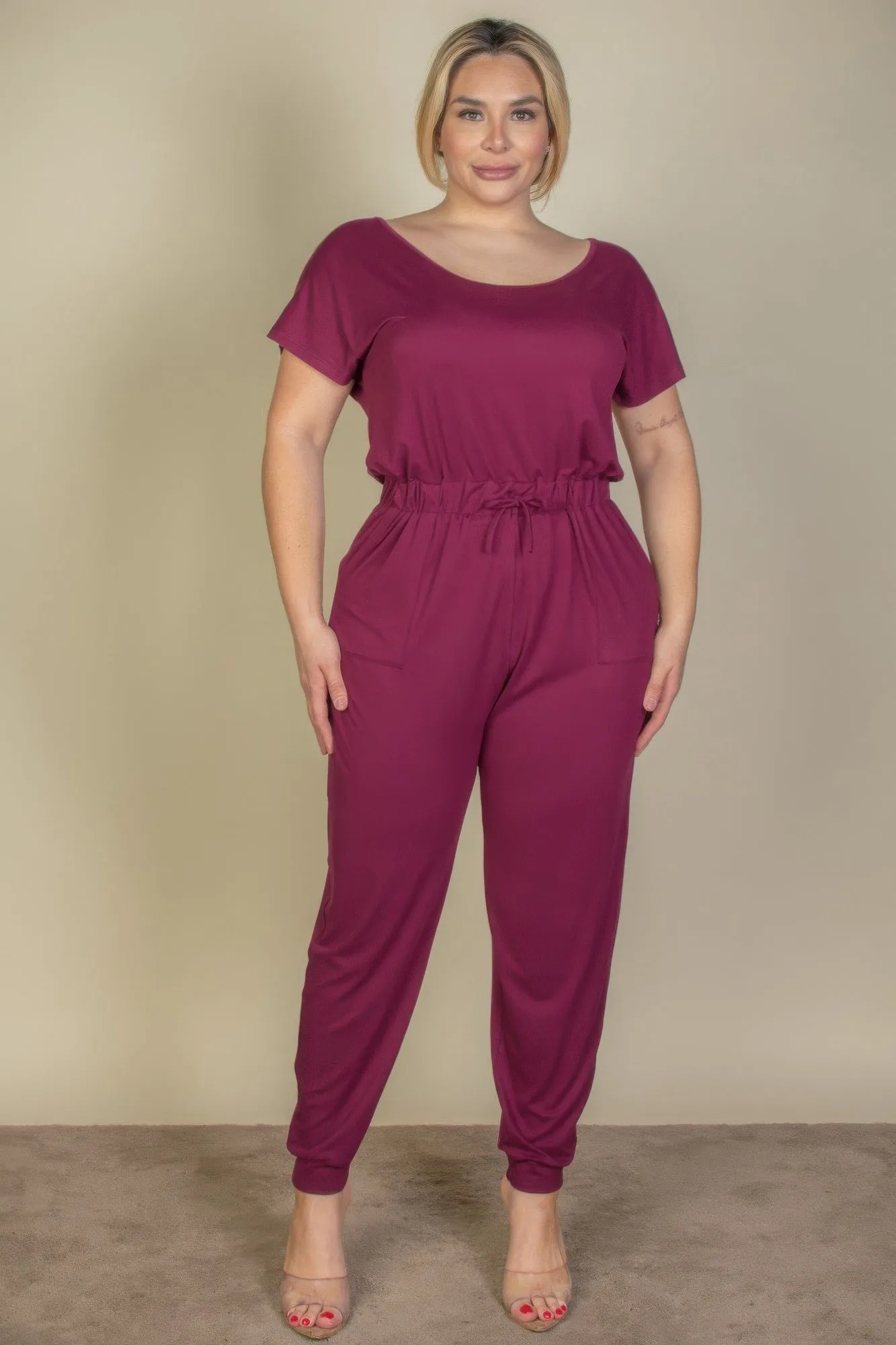 Plus Size Solid Drawstring Short Sleeve Jumpsuit sold by Gigi Laurent