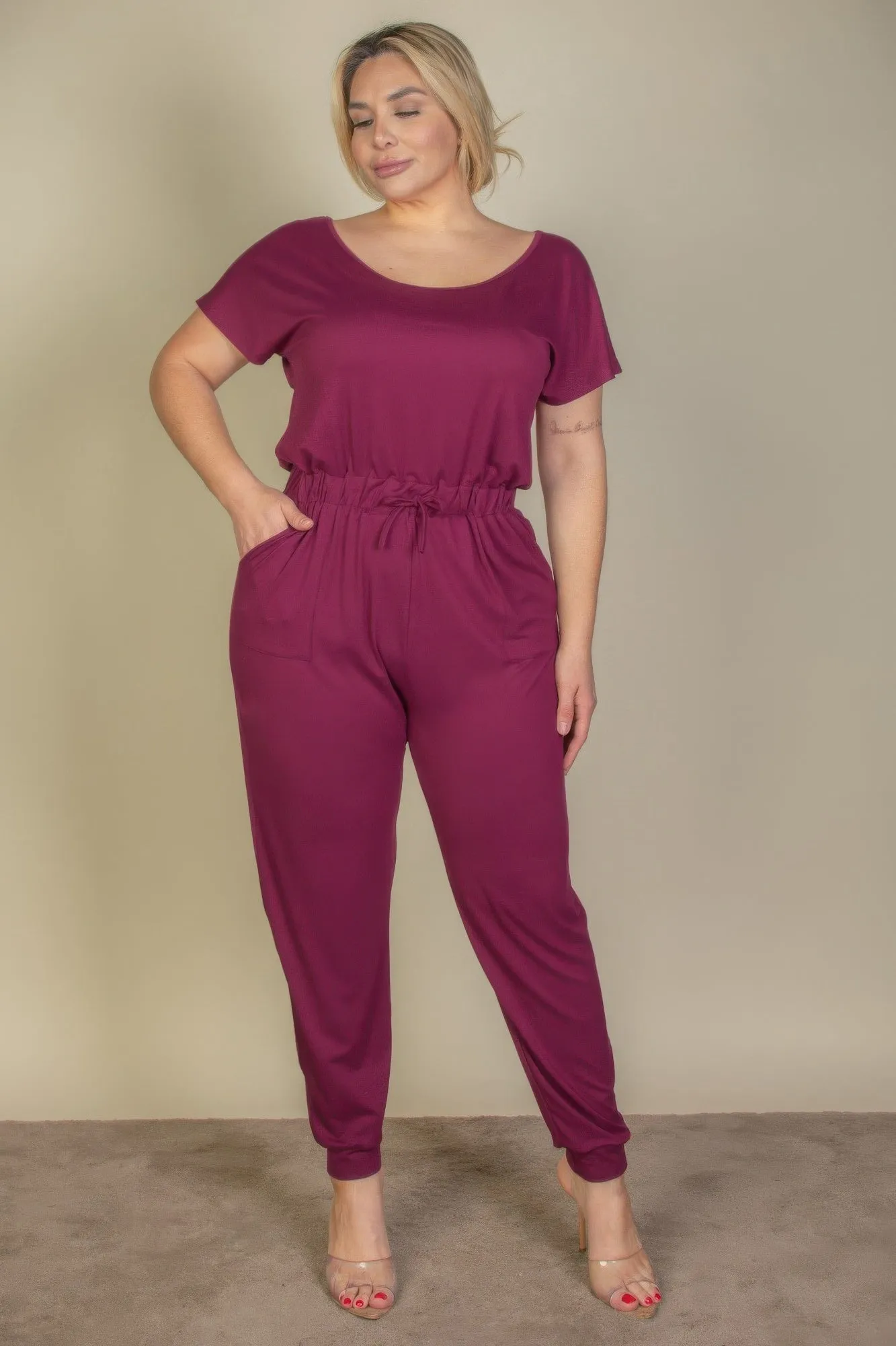Plus Size Solid Drawstring Short Sleeve Jumpsuit sold by Gigi Laurent product image thumbnail 2