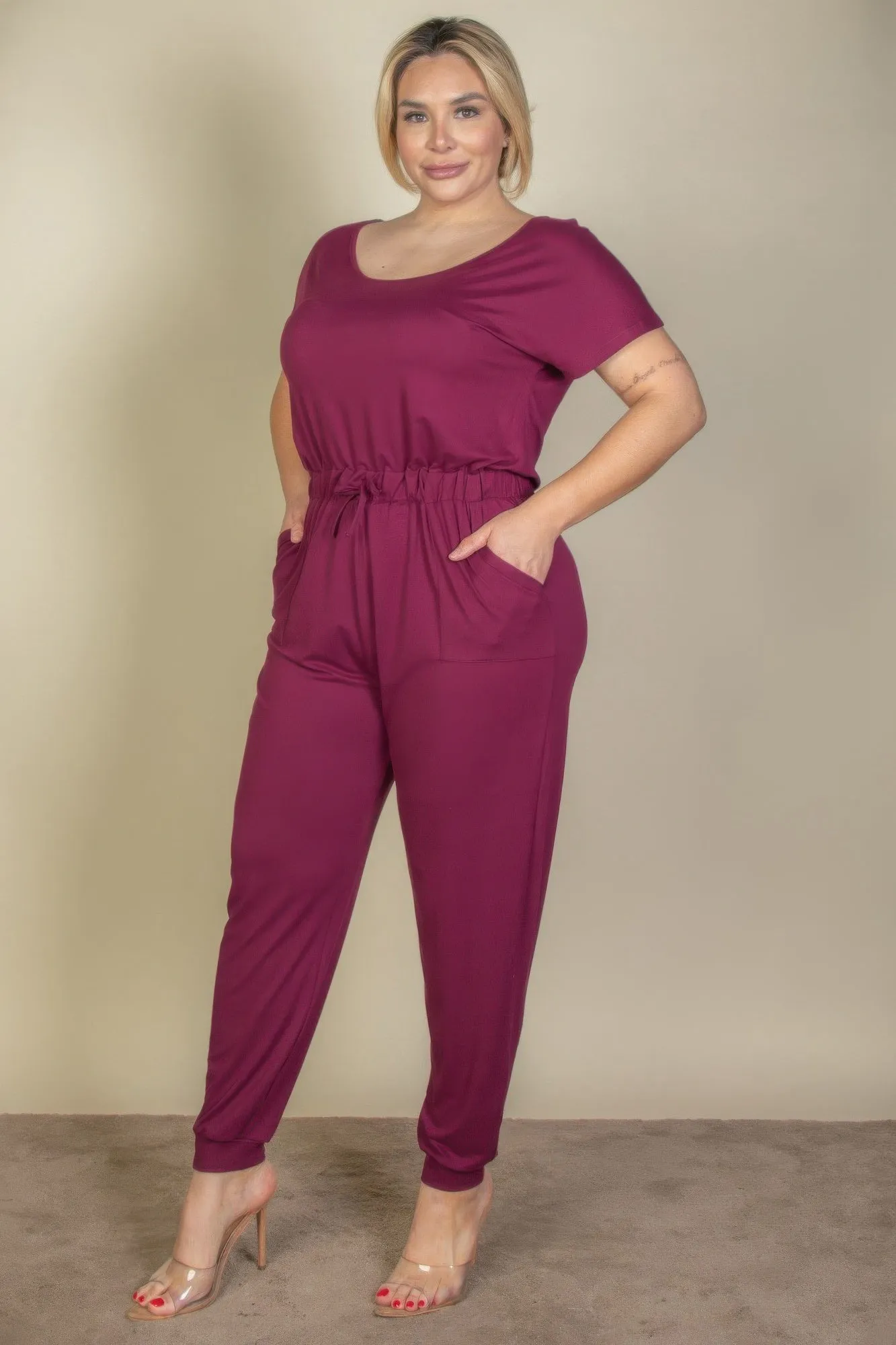 Plus Size Solid Drawstring Short Sleeve Jumpsuit sold by Gigi Laurent product image thumbnail 3