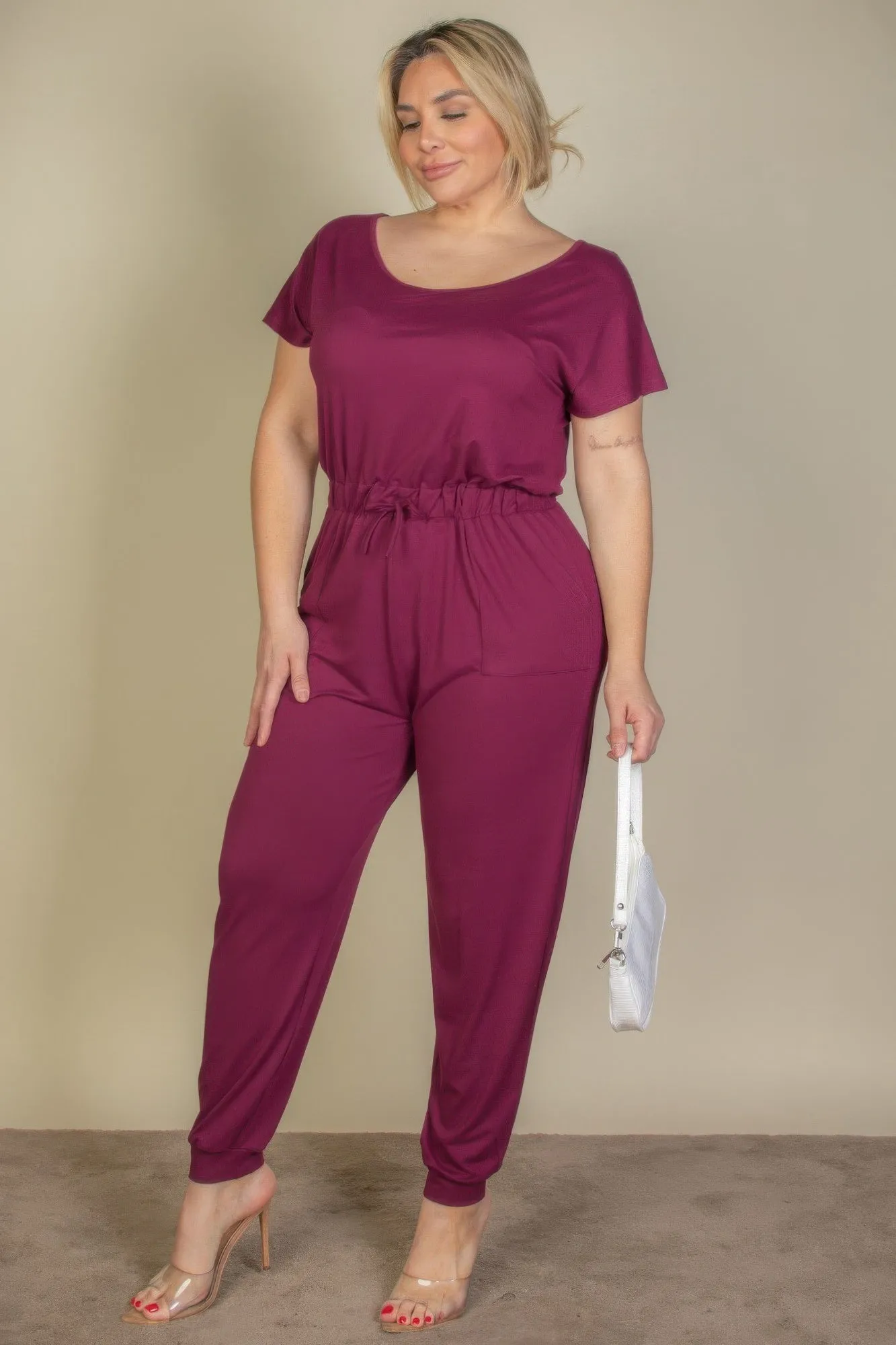 Plus Size Solid Drawstring Short Sleeve Jumpsuit sold by Gigi Laurent product image thumbnail 4