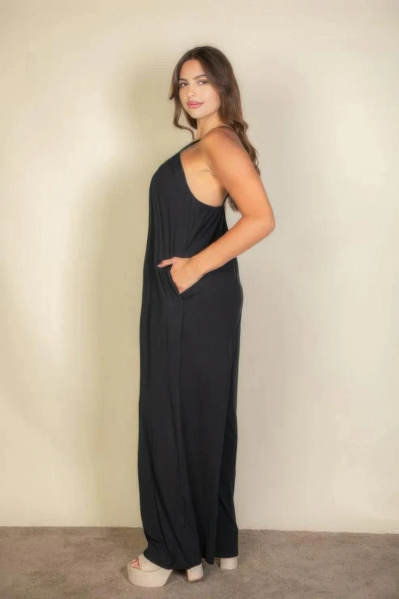 Plus spaghetti strap solid wide jumpsuit sold by Gigi Laurent product image thumbnail 2