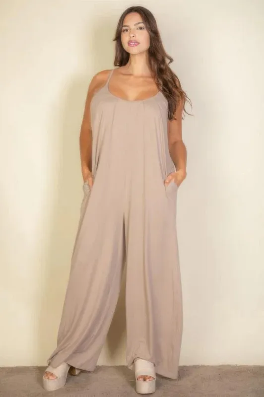 Plus spaghetti strap solid wide jumpsuit sold by Gigi Laurent