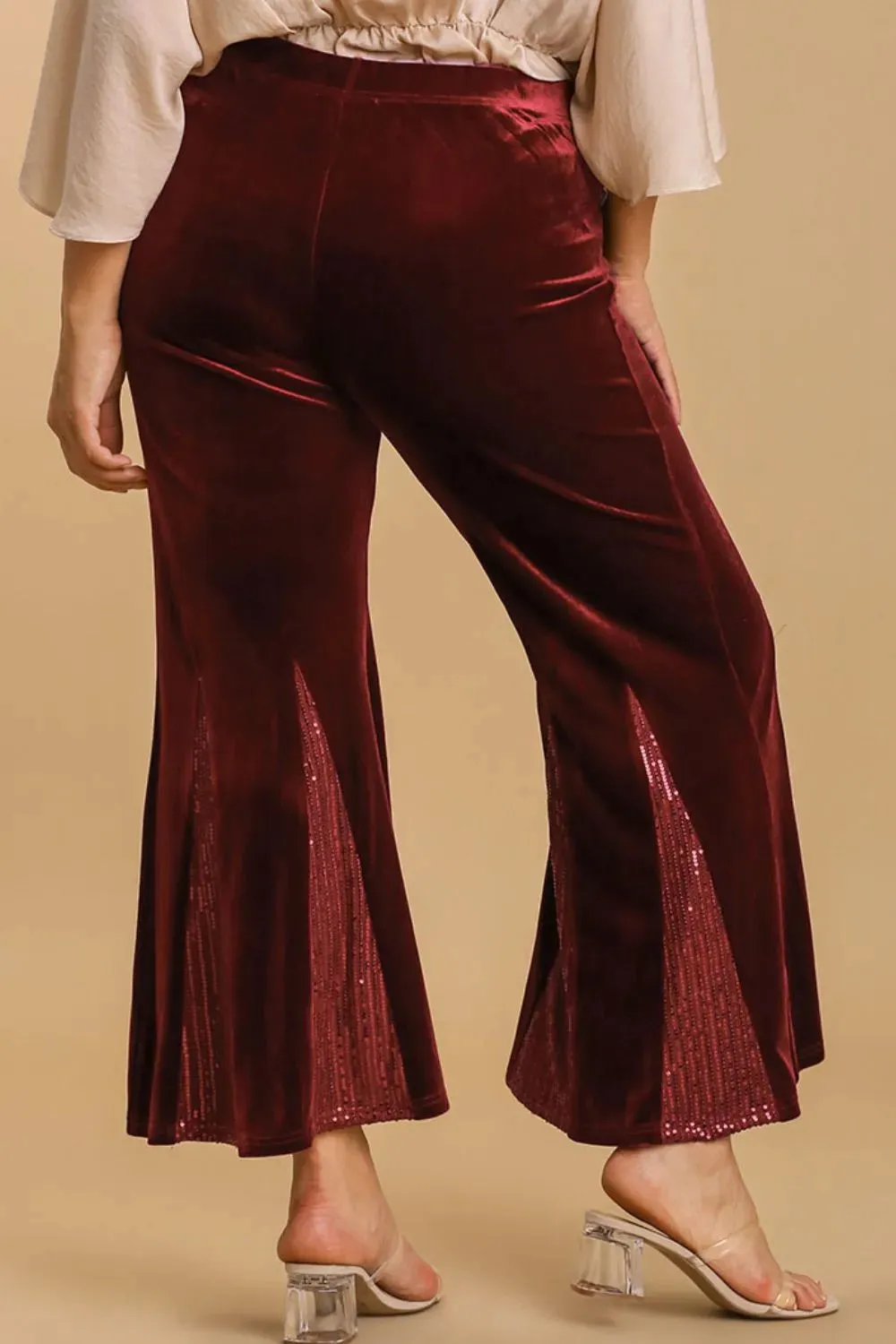 Umgee Full Size Sequin Elastic Waist Velvet Stretch Flare Leg Pants Plus Size sold by Gigi Laurent product image thumbnail 4