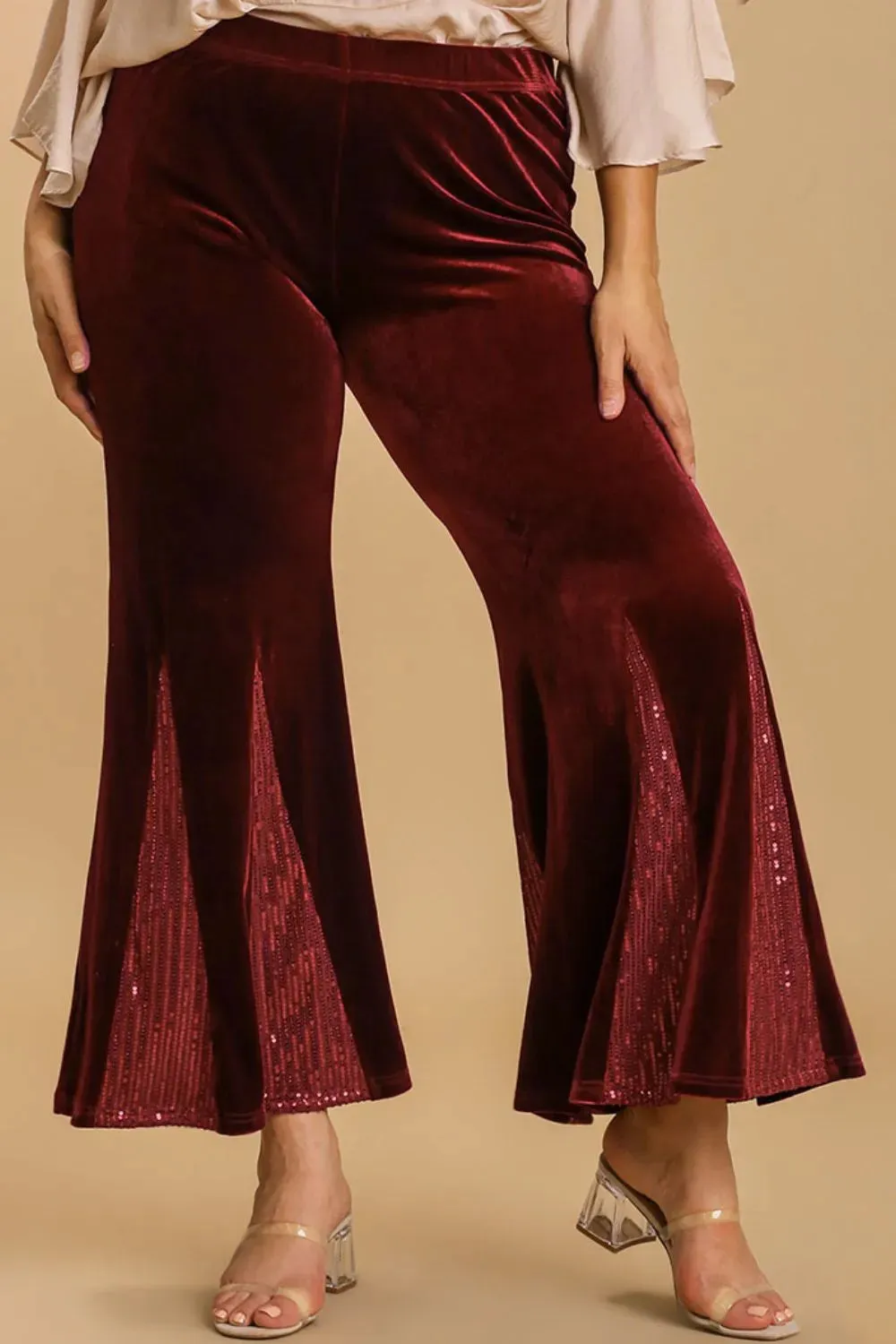 Umgee Full Size Sequin Elastic Waist Velvet Stretch Flare Leg Pants Plus Size sold by Gigi Laurent product image thumbnail 3