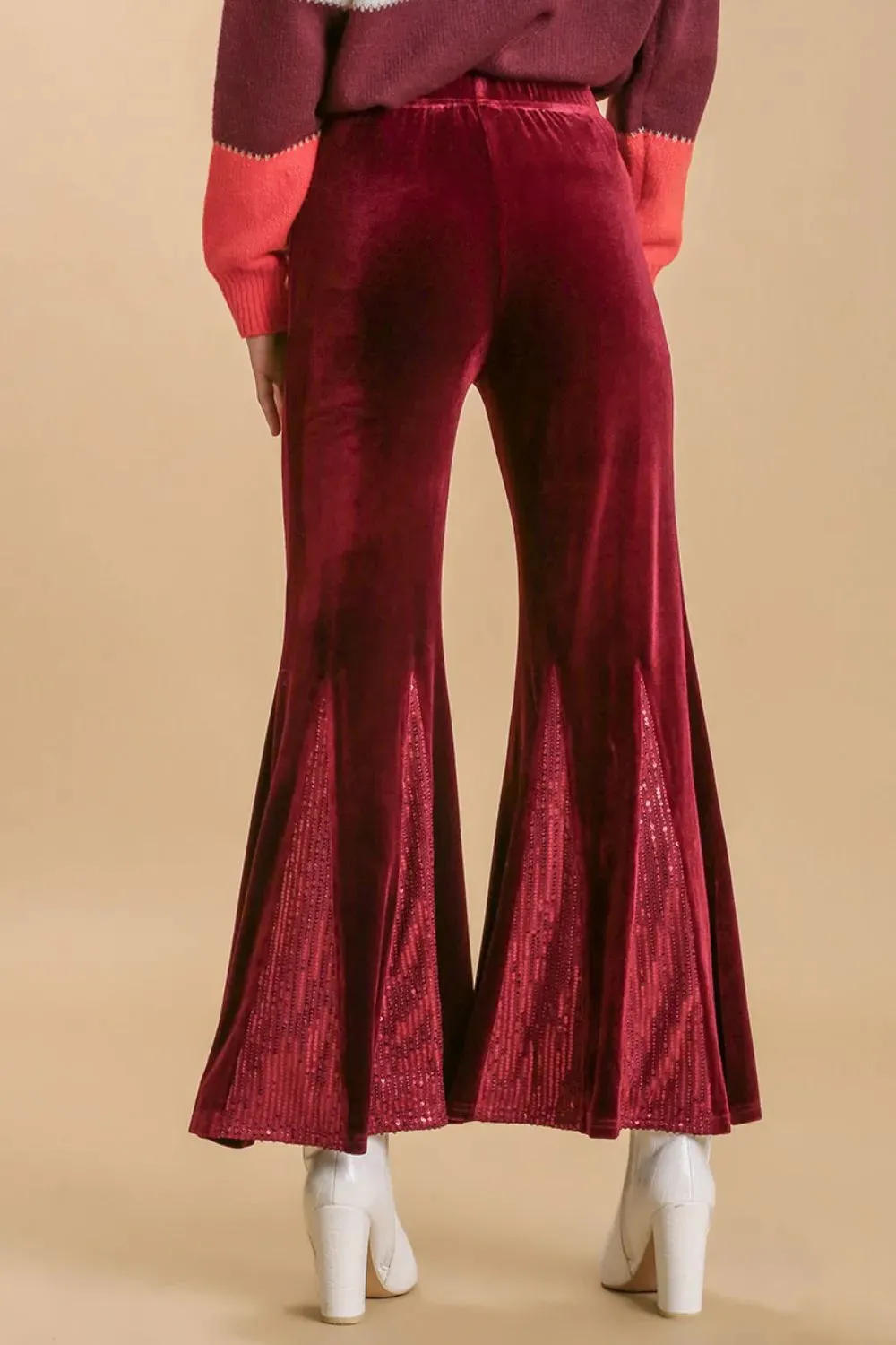 Umgee Full Size Sequin Elastic Waist Velvet Stretch Flare Leg Pants Plus Size sold by Gigi Laurent product image thumbnail 2