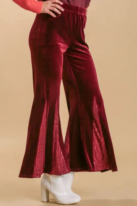 Umgee Full Size Sequin Elastic Waist Velvet Stretch Flare Leg Pants Plus Size sold by Gigi Laurent