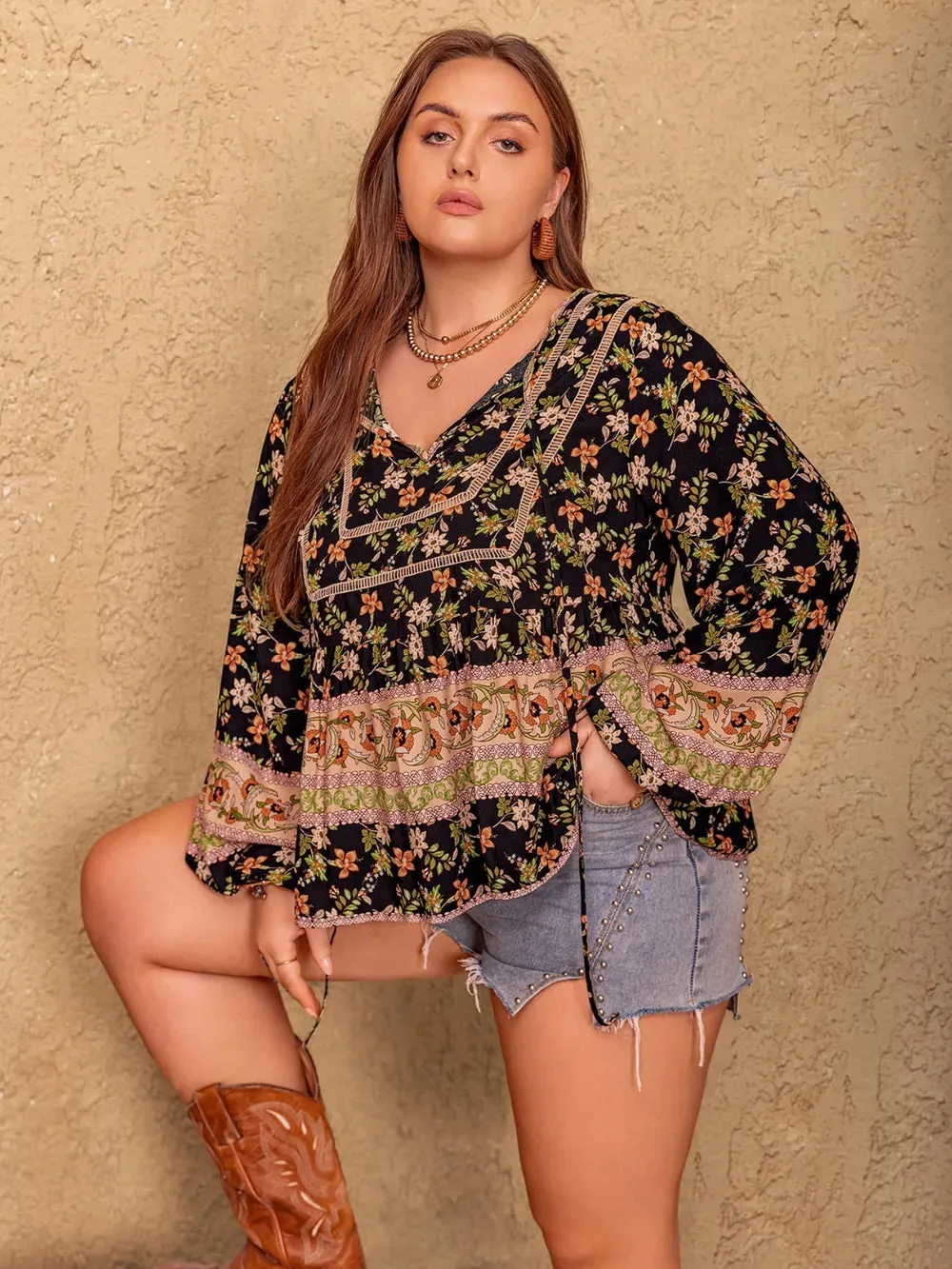 Plus Size Printed Tie Neck Balloon Sleeve Blouse sold by Gigi Laurent product image thumbnail 4