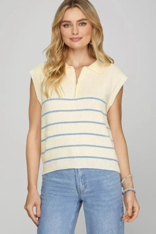 She + Sky Full Size Ribbed Hem Striped Half Zip Sweater Vest Plus Size sold by Gigi Laurent