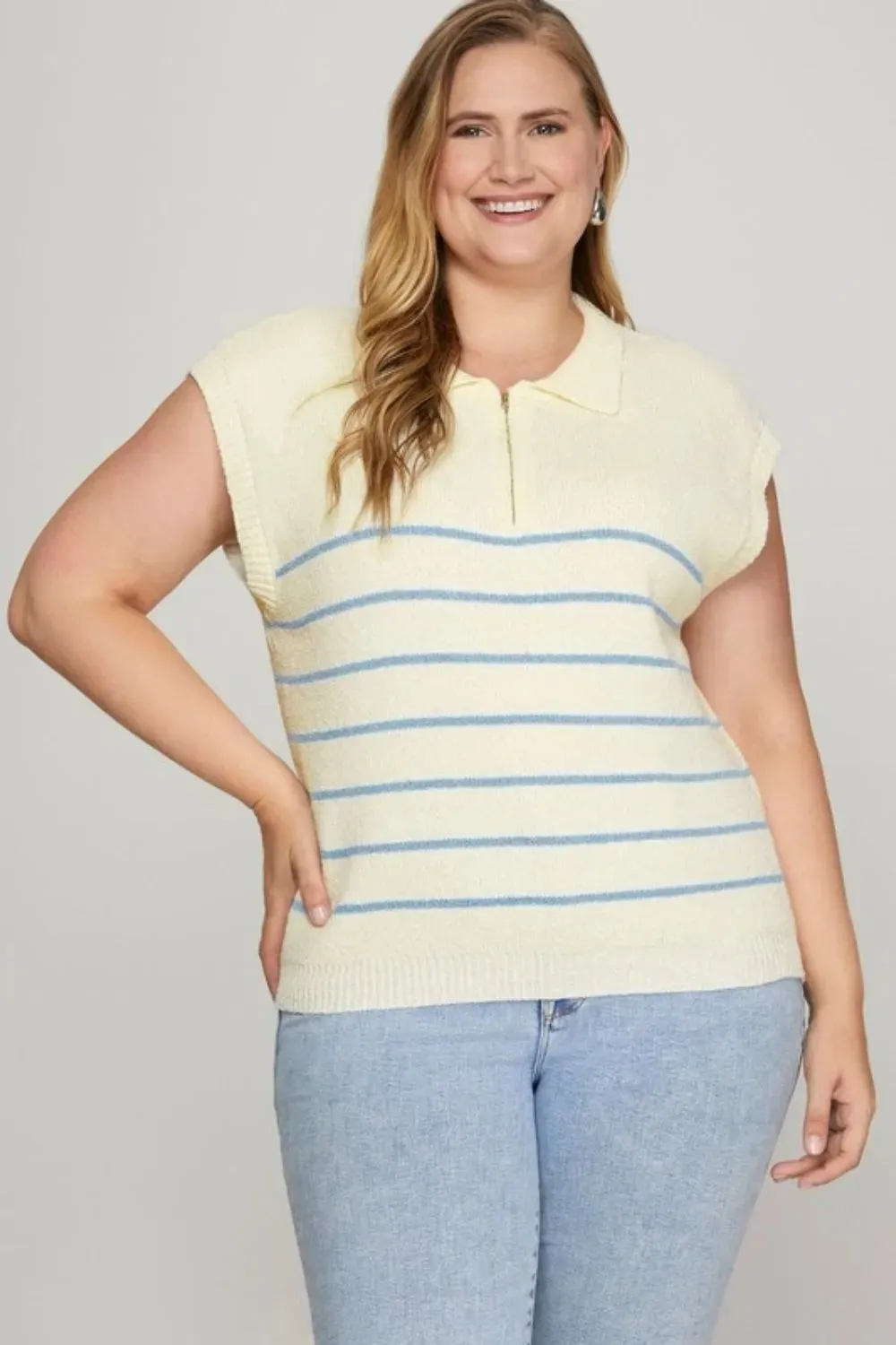 She + Sky Full Size Ribbed Hem Striped Half Zip Sweater Vest Plus Size sold by Gigi Laurent product image thumbnail 2