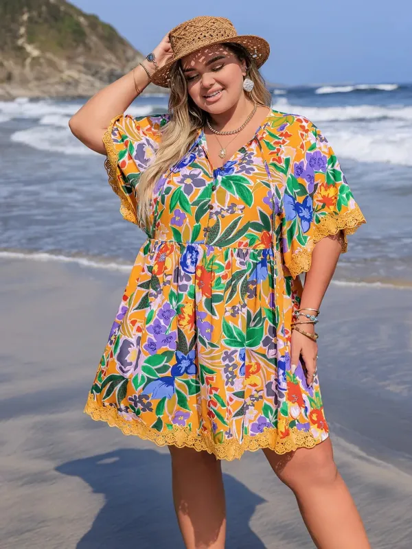 Plus Size Lace Detail Printed Tie Neck Half Sleeve Dress sold by Gigi Laurent