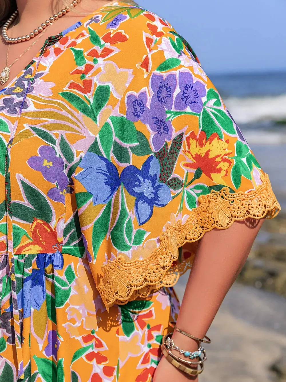 Plus Size Lace Detail Printed Tie Neck Half Sleeve Dress sold by Gigi Laurent product image thumbnail 4