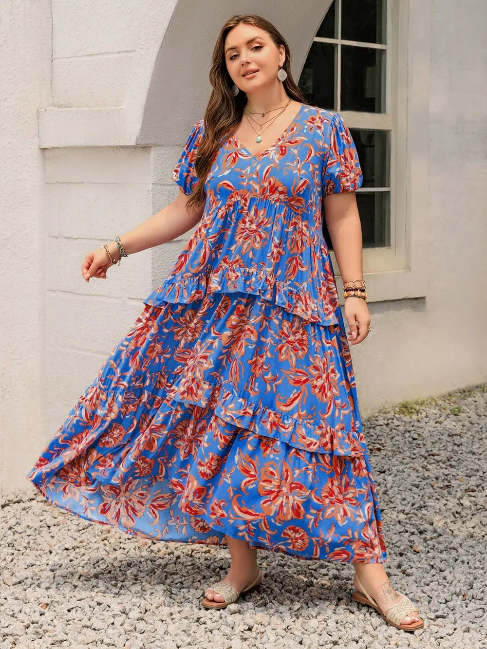 Plus Size Ruffled Printed V-Neck Short Sleeve Maxi Dress sold by Gigi Laurent product image thumbnail 3