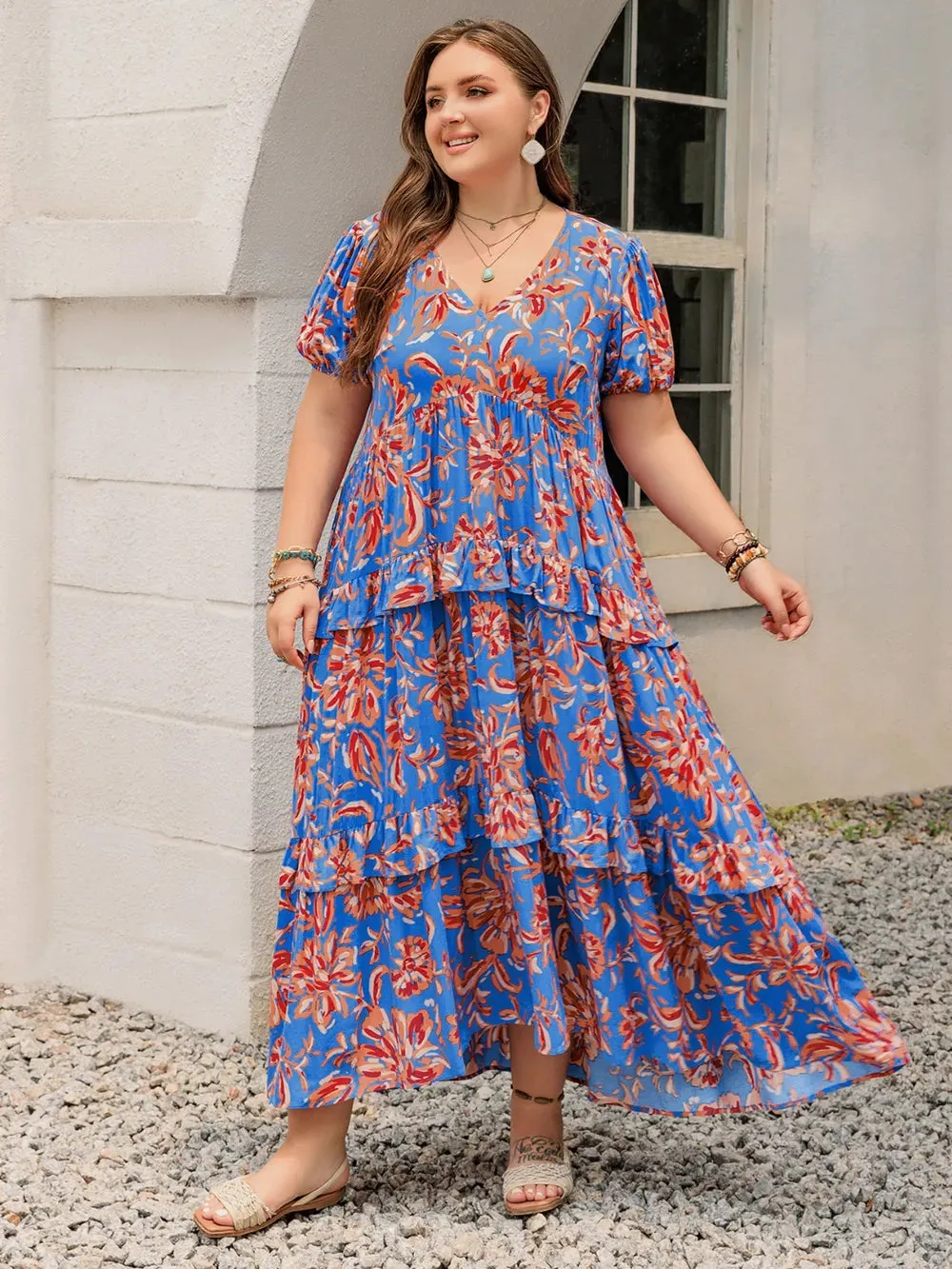 Plus Size Ruffled Printed V-Neck Short Sleeve Maxi Dress sold by Gigi Laurent product image thumbnail 2