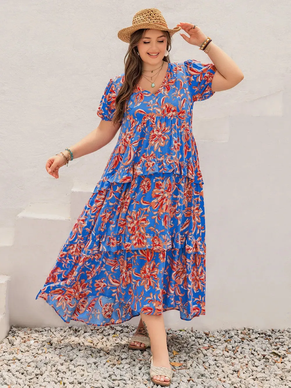 Plus Size Ruffled Printed V-Neck Short Sleeve Maxi Dress sold by Gigi Laurent product image thumbnail 5