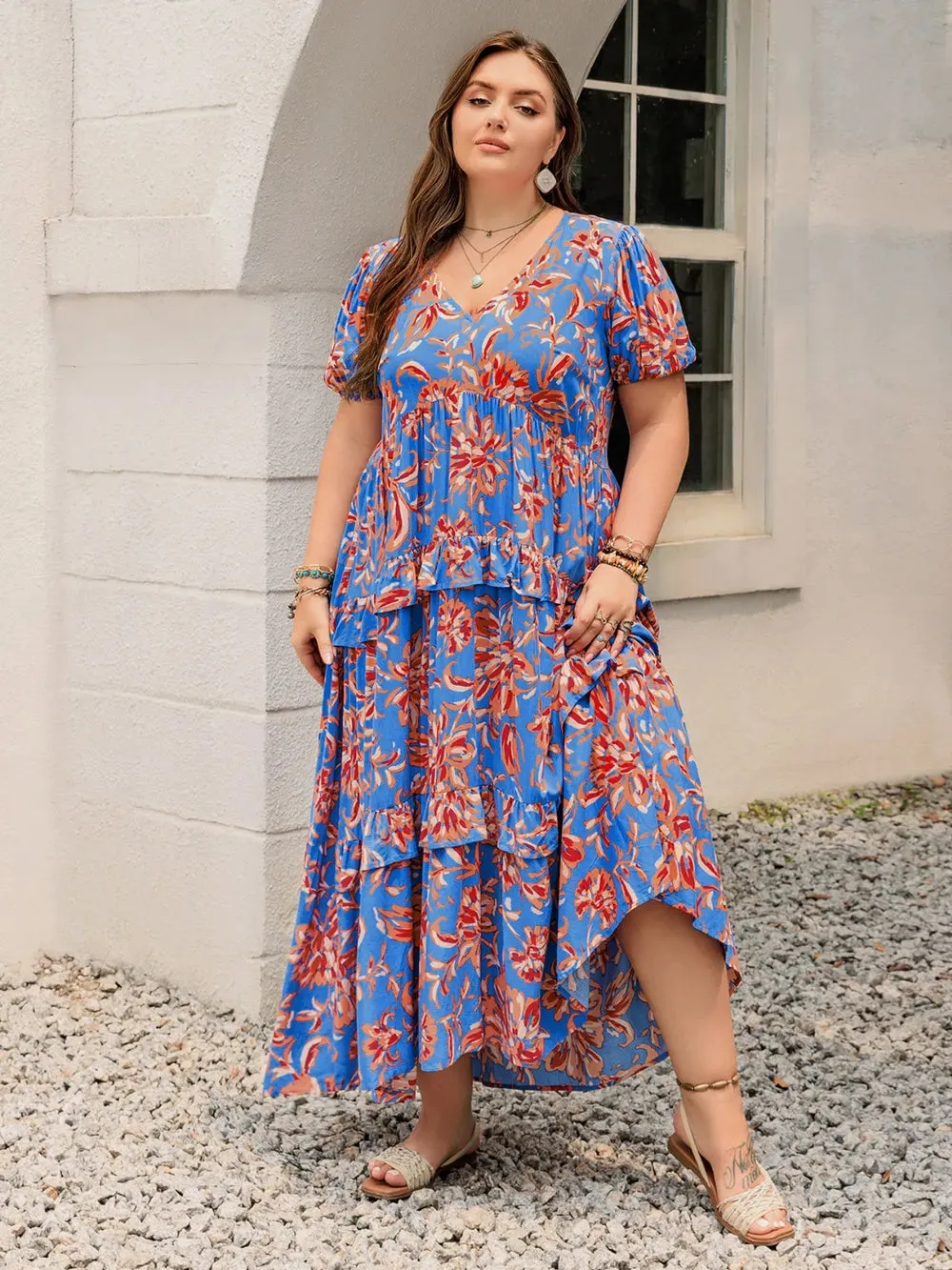 Plus Size Ruffled Printed V-Neck Short Sleeve Maxi Dress sold by Gigi Laurent product image thumbnail 4