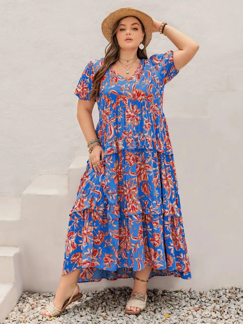 Plus Size Ruffled Printed V-Neck Short Sleeve Maxi Dress sold by Gigi Laurent