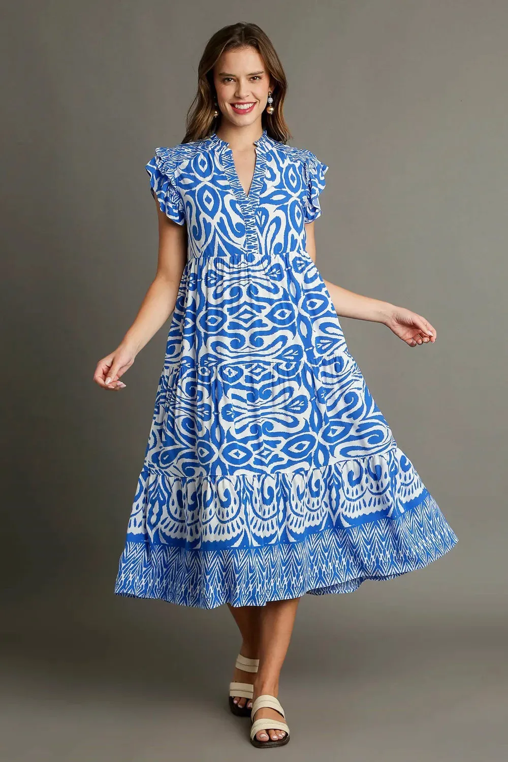 Umgee Full Size Two Tone Border Print Ruffle Cap Sleeve Midi Dress Plus Size sold by Gigi Laurent product image thumbnail 2