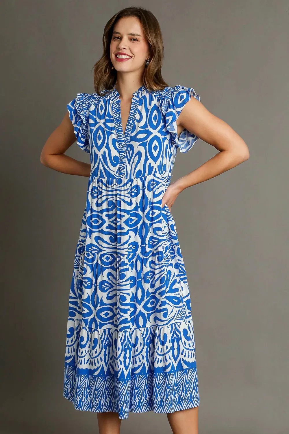 Umgee Full Size Two Tone Border Print Ruffle Cap Sleeve Midi Dress Plus Size sold by Gigi Laurent