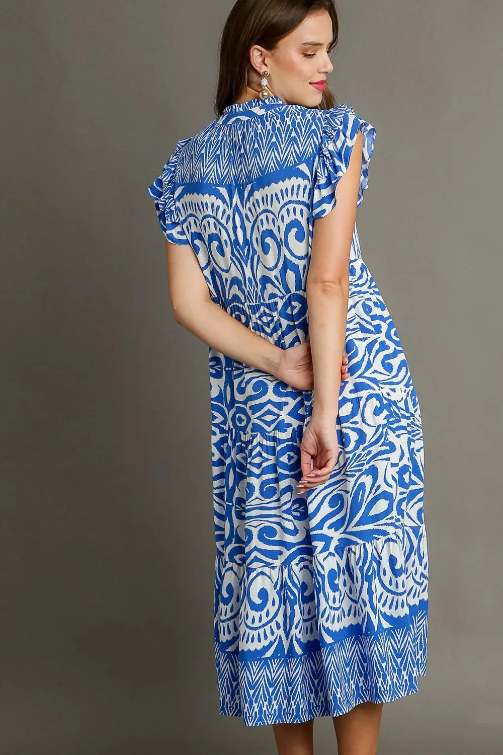 Umgee Full Size Two Tone Border Print Ruffle Cap Sleeve Midi Dress Plus Size sold by Gigi Laurent product image thumbnail 4