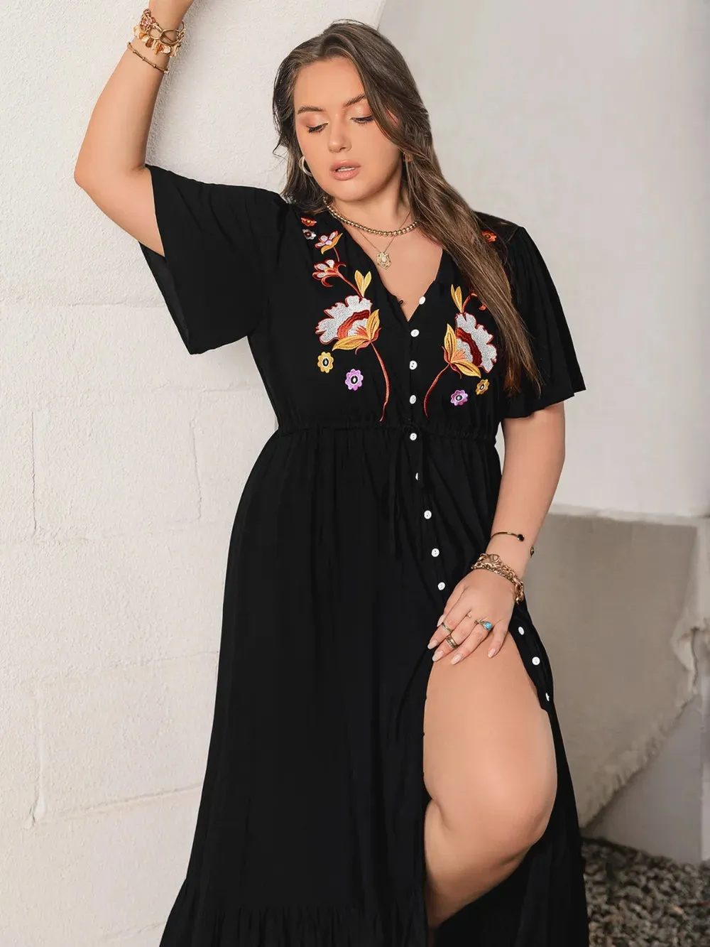 Plus Size Embroidered V-Neck Flutter Sleeve Maxi Dress sold by Gigi Laurent product image thumbnail 5