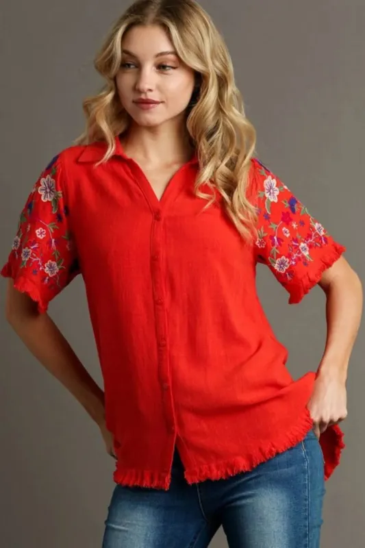 Umgee Full Size Linen Shirt with Embroidered Sleeves Plus Size sold by Gigi Laurent
