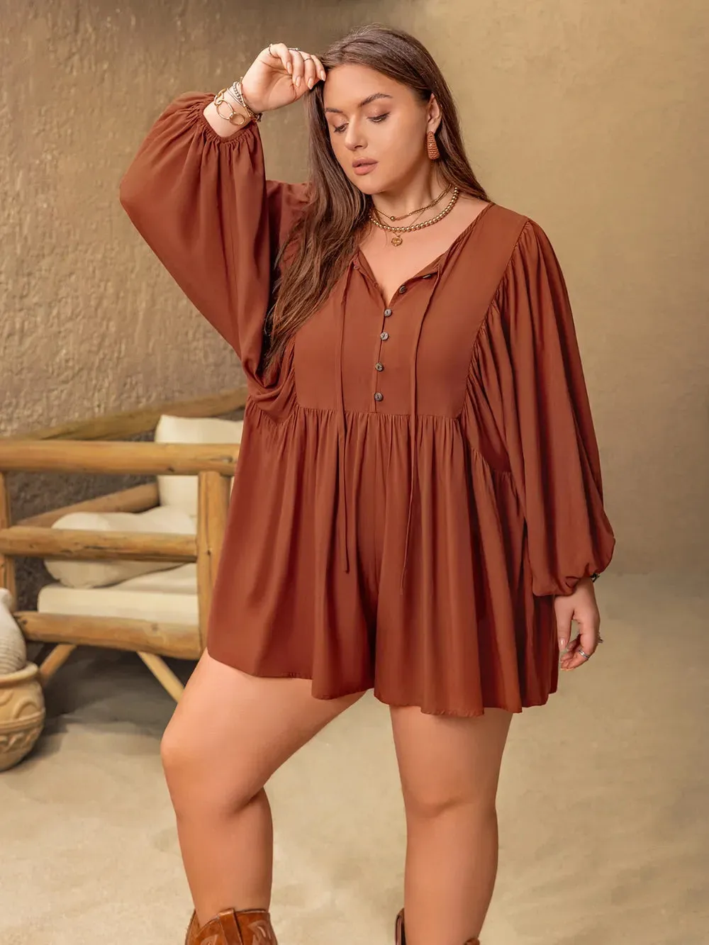 Plus Size Ruched Tie Neck Balloon Sleeve Romper sold by Gigi Laurent