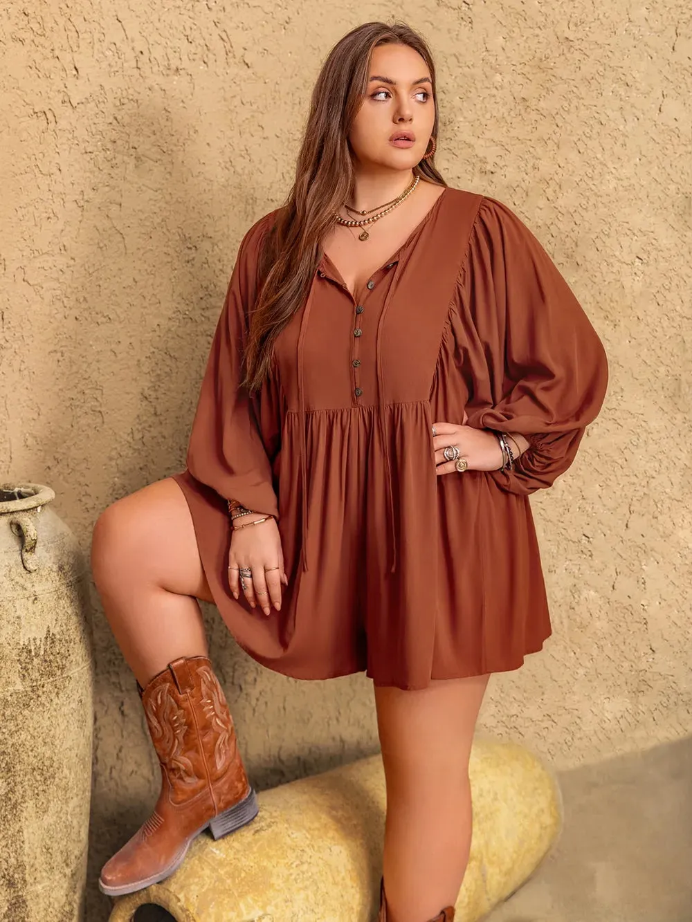Plus Size Ruched Tie Neck Balloon Sleeve Romper sold by Gigi Laurent product image thumbnail 5