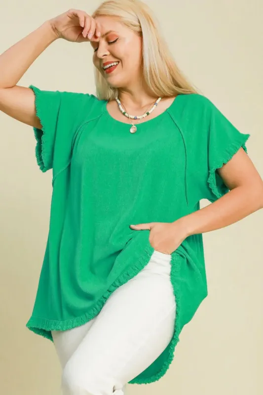 Umgee Full Size Seam Detail Linen Ruffle Fringe Edge Top Plus Size sold by Gigi Laurent