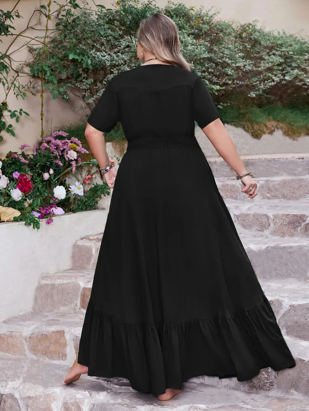Plus Size Ruffled Hem Button Down V-Neck Short Sleeve Maxi Dress sold by Gigi Laurent product image thumbnail 3