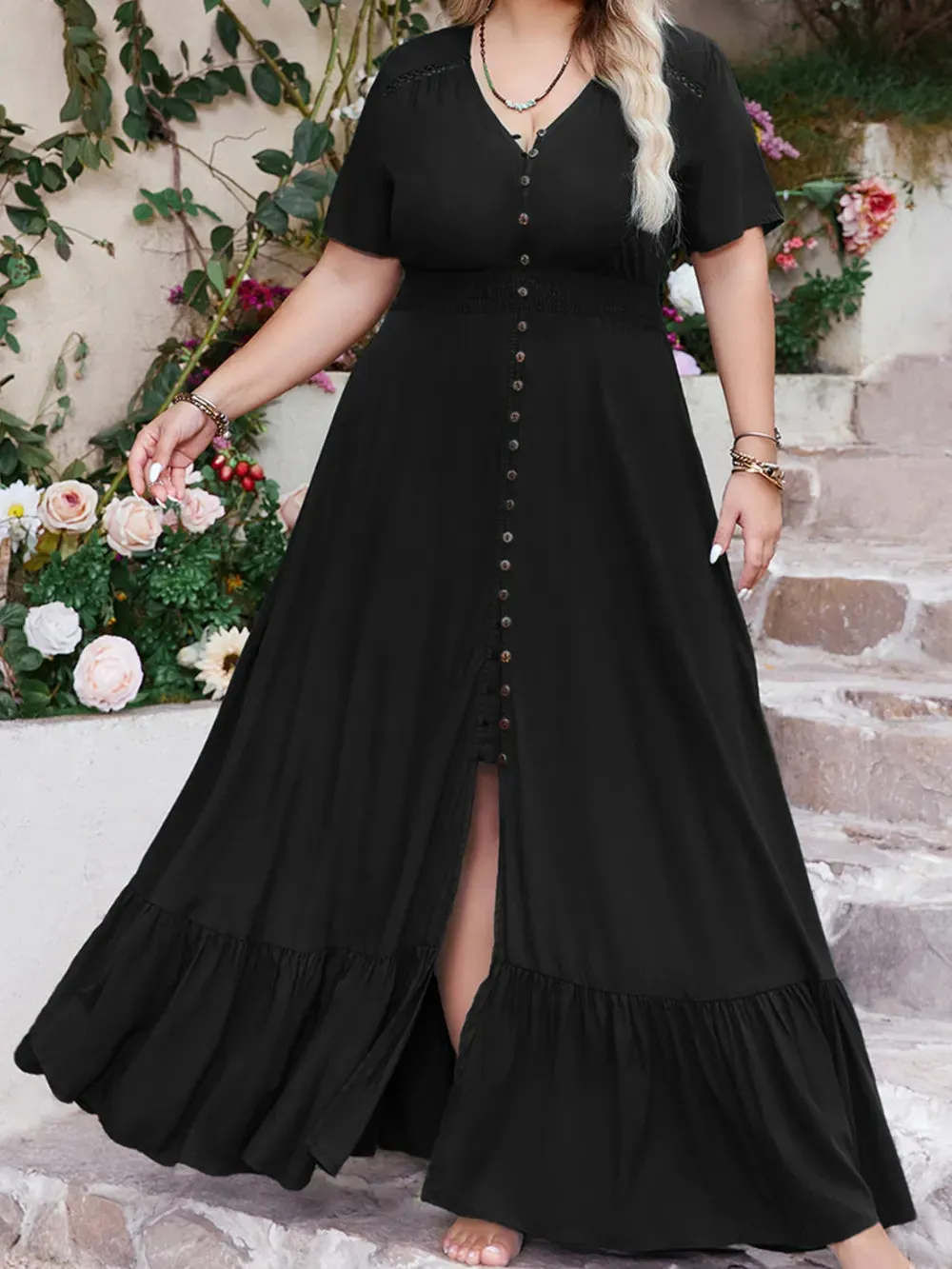 Plus Size Ruffled Hem Button Down V-Neck Short Sleeve Maxi Dress sold by Gigi Laurent product image thumbnail 5