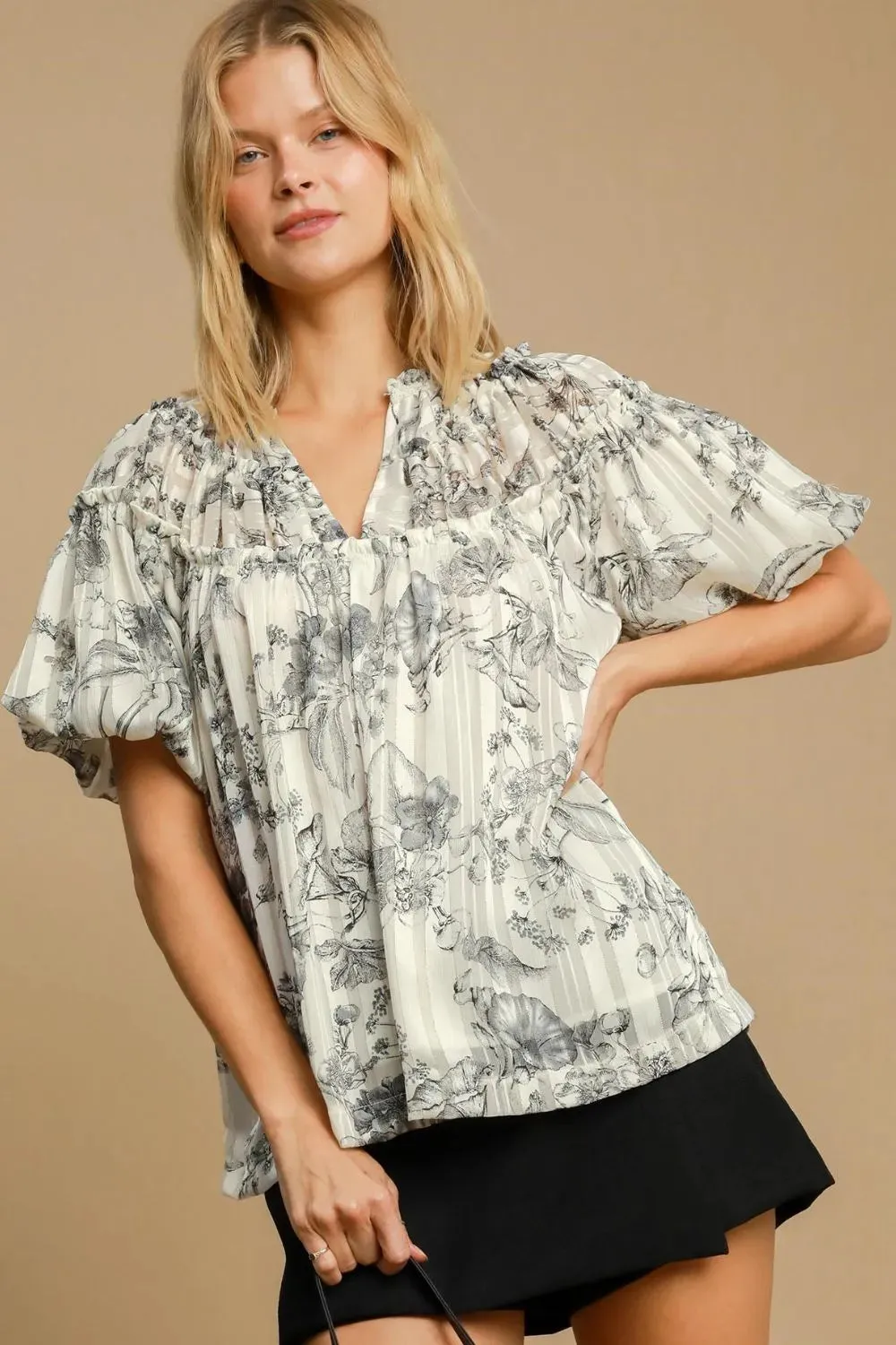 Umgee Full Size Floral Print Metallic Ruffle Blouse Plus Size sold by Gigi Laurent product image thumbnail 2