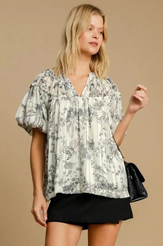 Umgee Full Size Floral Print Metallic Ruffle Blouse Plus Size sold by Gigi Laurent