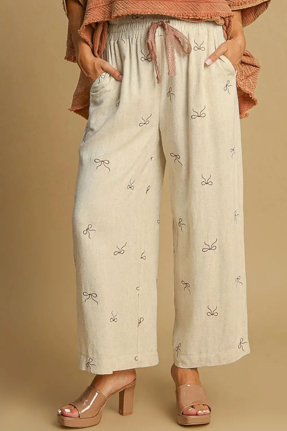 Umgee Full Size Lace Drawstring Embroidered Bow Wide Leg Pants Plus Size sold by Gigi Laurent product image thumbnail 2