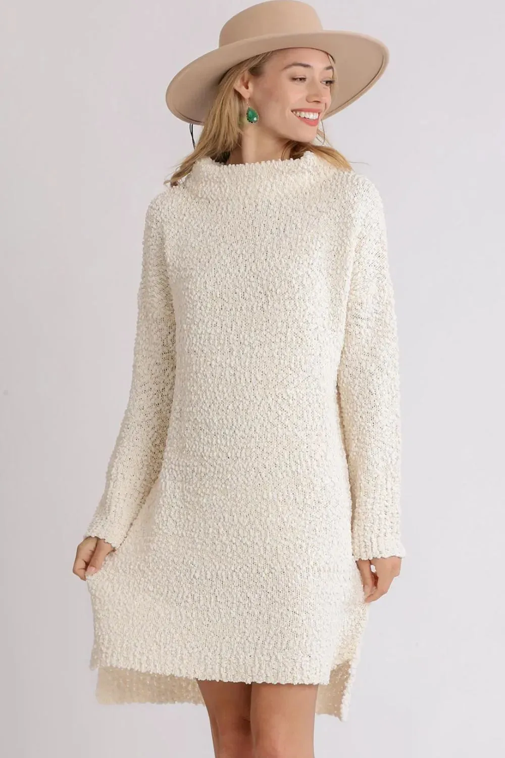 Umgee Full Size High Low Long Sleeve Boucle Sweater Dress Plus Size sold by Gigi Laurent