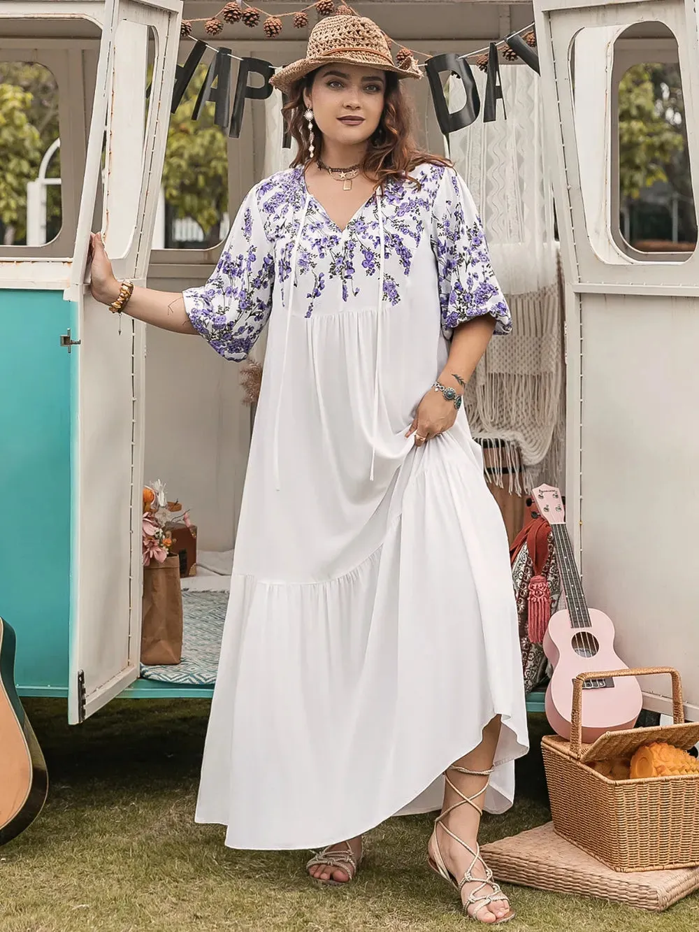 Plus Size Printed Tie Neck Half Sleeve Maxi Dress sold by Gigi Laurent product image thumbnail 2