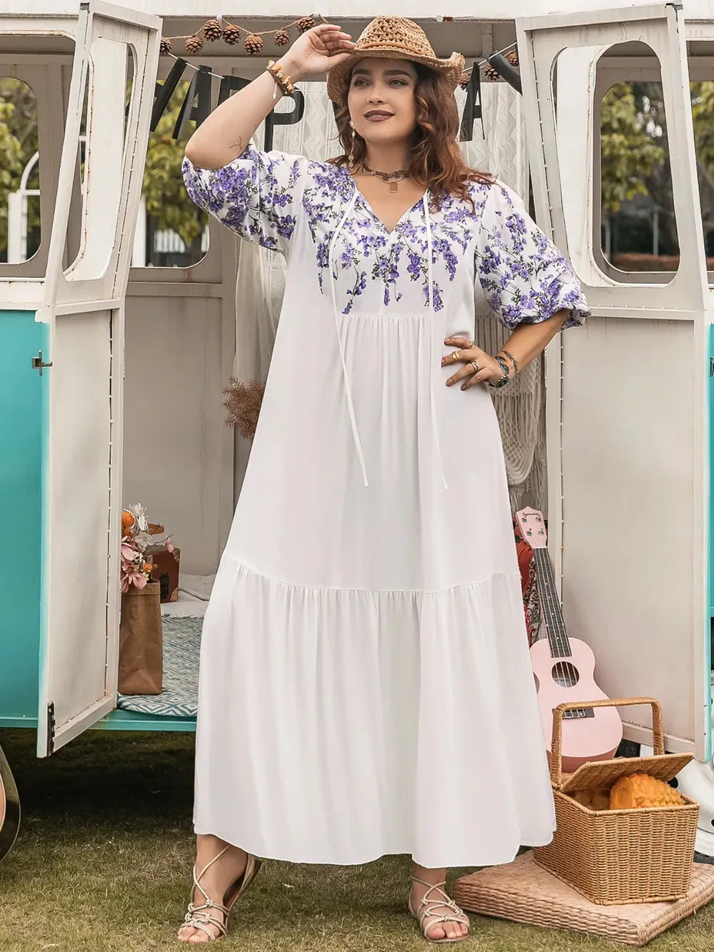 Plus Size Printed Tie Neck Half Sleeve Maxi Dress sold by Gigi Laurent product image thumbnail 3