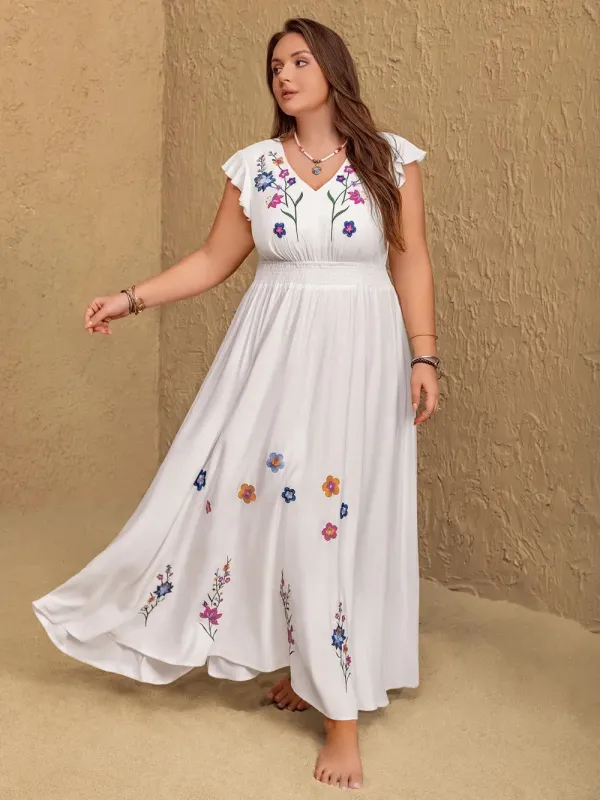 Plus Size Embroidered Floral V-Neck Cap Sleeve Maxi Dress sold by Gigi Laurent